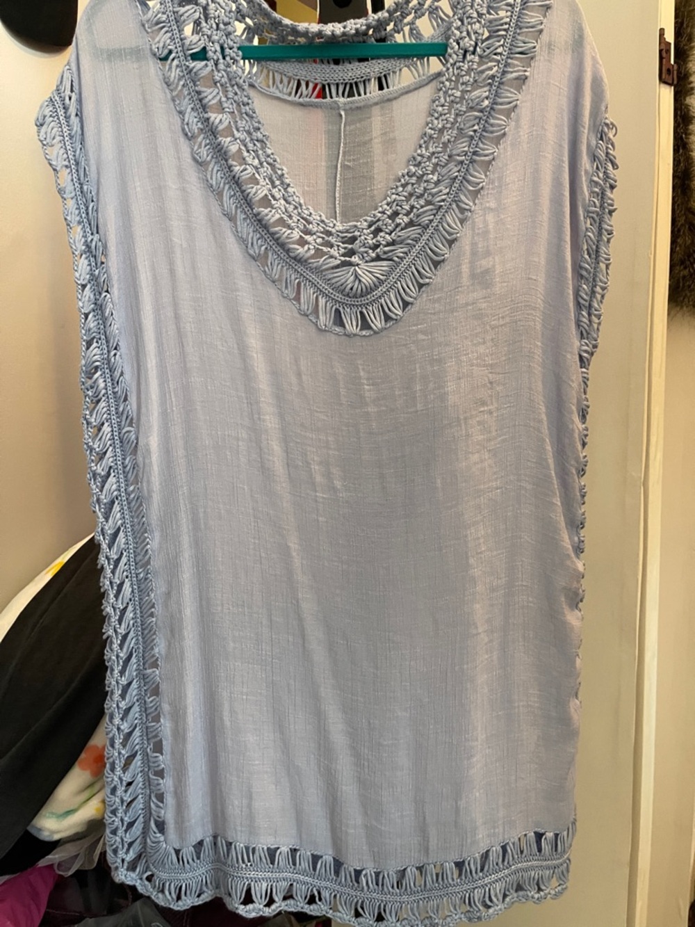 Light Blue OS Swim Coverup with crochet accent - PTP 23.5”